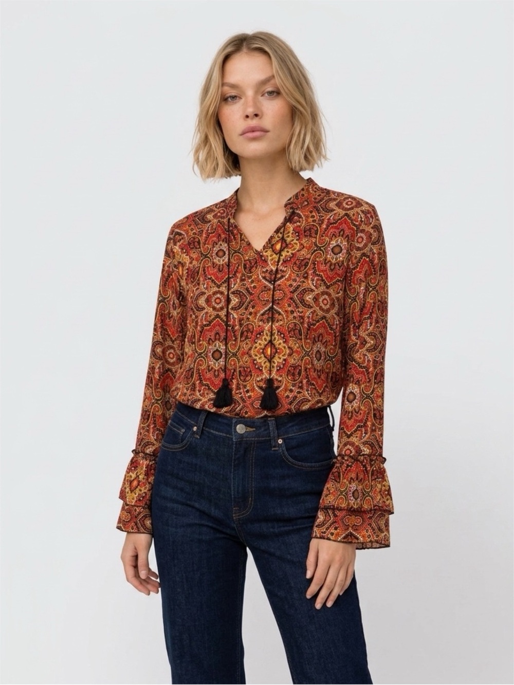 Tassel V-Neck Boho Tunic in Red Paisley